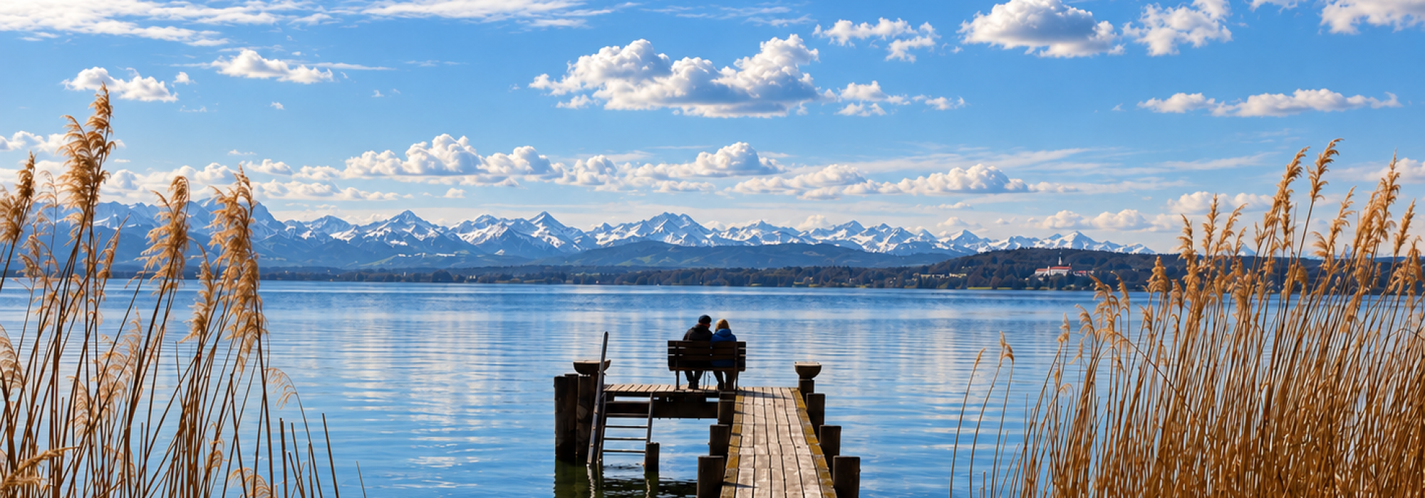 Holzsteg zwischen Schilf an einem See, am Stegende zwei Menschen auf einer Bank, im Hintergrund die Alpen